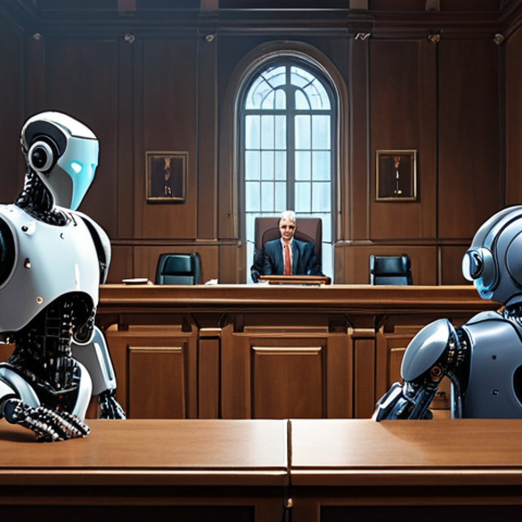 **

A courtroom scene depicting a debate about AI patent ownership. One side shows robots with lightbulbs above them, the other side shows human programmers looking thoughtful. The judge's bench has a scales of justice, but one side is algorithms, the other side is human thought. Emphasis on ethical dilemma and legal complexity.

**