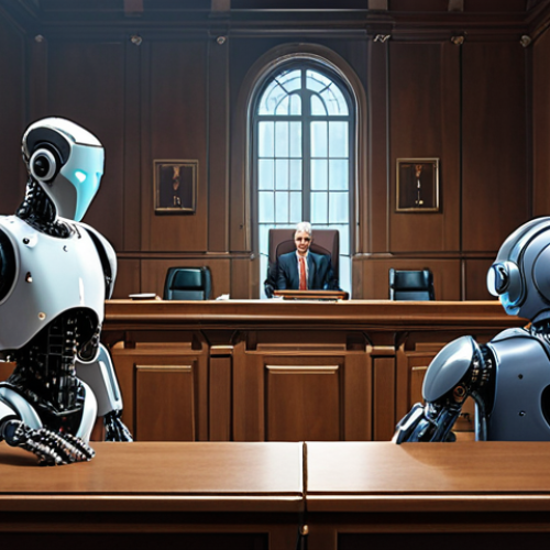 Home 11 **
A courtroom scene depicting a debate about AI patent ownership. One side shows robots with lightbulbs above them, the other side shows human programmers looking thoughtful. The judge's bench has a scales of justice, but one side is algorithms, the other side is human thought. Emphasis on ethical dilemma and legal complexity.
**