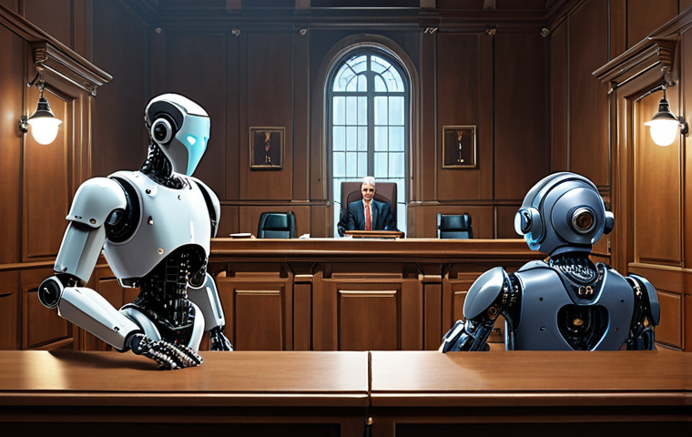 **
A courtroom scene depicting a debate about AI patent ownership. One side shows robots with lightbulbs above them, the other side shows human programmers looking thoughtful. The judge's bench has a scales of justice, but one side is algorithms, the other side is human thought. Emphasis on ethical dilemma and legal complexity.
**