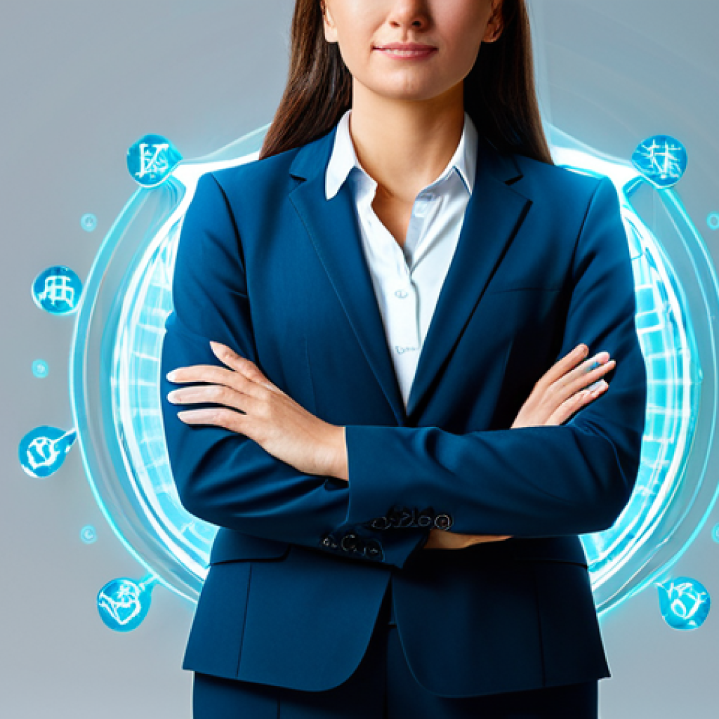 A confident, diverse professional woman in a modest business suit, standing in a sleek, modern office. Abstract, glowing holographic icons representing intellectual property concepts (like stylized symbols for patents, trademarks, and copyrights) subtly form a protective, transparent "shield" around her. The background is clean, contemporary, and slightly blurred to emphasize the subject and the conceptual elements. Professional photography, high resolution, soft studio lighting, safe for work, appropriate content, fully clothed, professional, perfect anatomy, correct proportions, natural pose, well-formed hands, proper finger count, natural body proportions.