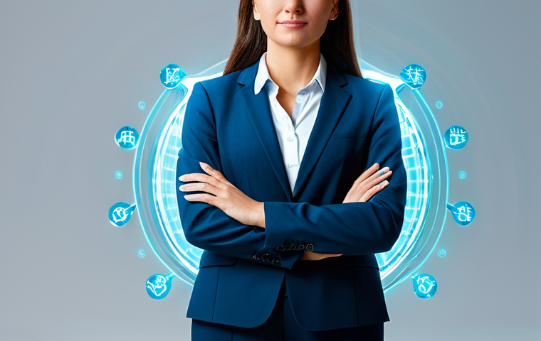 A confident, diverse professional woman in a modest business suit, standing in a sleek, modern office. Abstract, glowing holographic icons representing intellectual property concepts (like stylized symbols for patents, trademarks, and copyrights) subtly form a protective, transparent "shield" around her. The background is clean, contemporary, and slightly blurred to emphasize the subject and the conceptual elements. Professional photography, high resolution, soft studio lighting, safe for work, appropriate content, fully clothed, professional, perfect anatomy, correct proportions, natural pose, well-formed hands, proper finger count, natural body proportions.