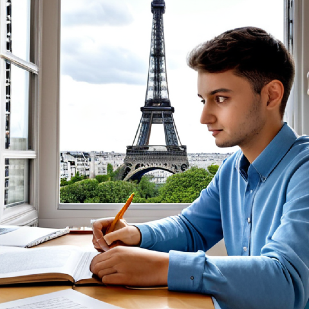 **

"A motivated student, fully clothed in comfortable study attire, working diligently at a desk piled with books about intellectual property and patents.  The setting is a bright, cozy Parisian apartment with a view of the Eiffel Tower. Focus on the determination in the student's eyes.  Safe for work, appropriate content, fully clothed, professional, high quality, perfect anatomy, correct proportions, natural pose, well-formed hands, proper finger count, natural body proportions, family-friendly."

**