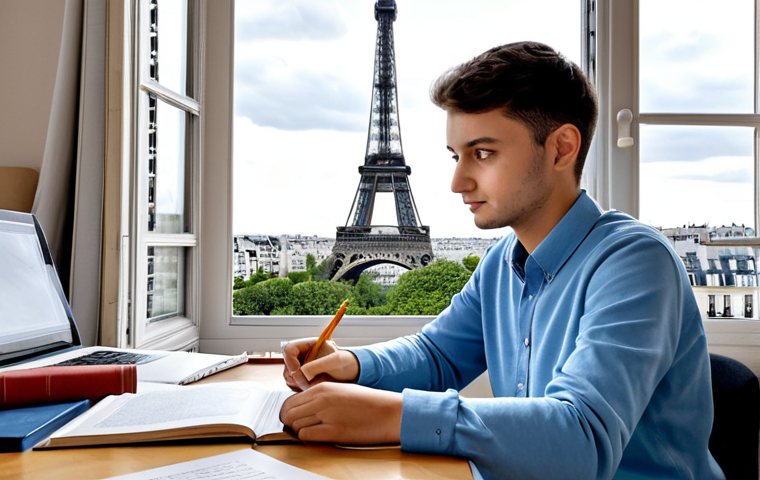**
"A motivated student, fully clothed in comfortable study attire, working diligently at a desk piled with books about intellectual property and patents. The setting is a bright, cozy Parisian apartment with a view of the Eiffel Tower. Focus on the determination in the student's eyes. Safe for work, appropriate content, fully clothed, professional, high quality, perfect anatomy, correct proportions, natural pose, well-formed hands, proper finger count, natural body proportions, family-friendly."
**