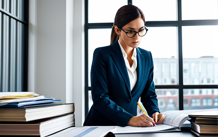 변리사로서의 일상 브이로그 - The Innovation Detective**
"A dedicated female patent attorney in her late 30s, surrounded by stack...