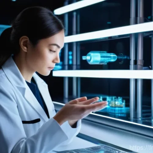 Home 27 변리사 시험 필수 서적 - A brilliant female engineer, dressed in a clean, fitted lab coat over a professional shirt and trous...