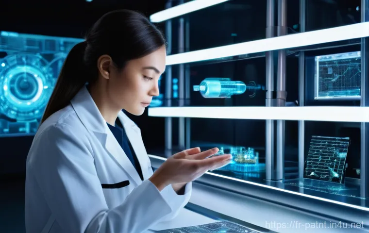 변리사 시험 필수 서적 - A brilliant female engineer, dressed in a clean, fitted lab coat over a professional shirt and trous...