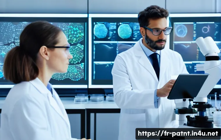 변리사와 정부 연구 프로젝트 사례 - **Prompt:** A dynamic and inspiring scene within a modern French research laboratory. A diverse grou...