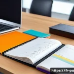 변리사 실무 노트 작성법 - A modern, well-organized patent expert&rsquo;s workspace featuring a large leather-bound notebook opened t...