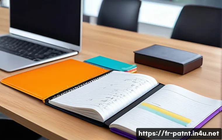 변리사 실무 노트 작성법 - A modern, well-organized patent expert’s workspace featuring a large leather-bound notebook opened t...