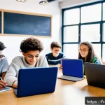 변리사 시험 준비자 커뮤니티 - A cozy study room scene featuring a group of diverse French middle school students collaborating onl...