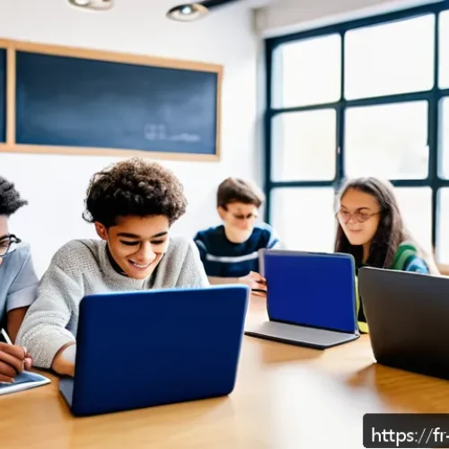 변리사 시험 준비자 커뮤니티 - A cozy study room scene featuring a group of diverse French middle school students collaborating onl...