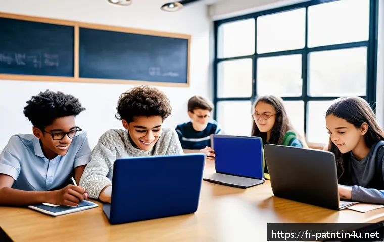 변리사 시험 준비자 커뮤니티 - A cozy study room scene featuring a group of diverse French middle school students collaborating onl...