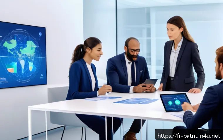 변리사와 미래 유망 기술 - A modern French innovation hub interior showing diverse entrepreneurs and researchers collaborating ...