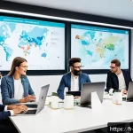 변리사로서의 업무 사례 공유 - A modern French startup office scene featuring diverse entrepreneurs collaborating over digital pate...