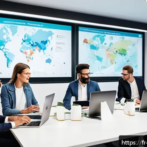 변리사로서의 업무 사례 공유 - A modern French startup office scene featuring diverse entrepreneurs collaborating over digital pate...