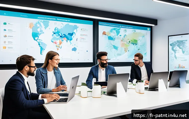 변리사로서의 업무 사례 공유 - A modern French startup office scene featuring diverse entrepreneurs collaborating over digital pate...
