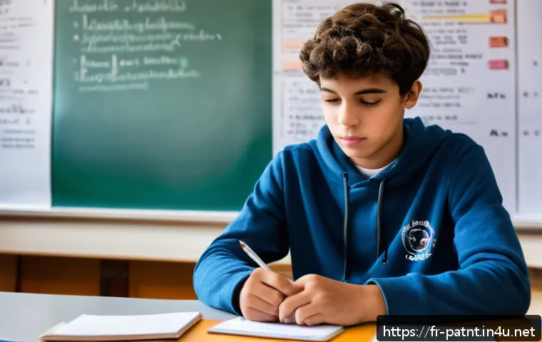 변리사 시험 후기 - A focused French high school student sitting at a clean, organized desk with a realistic revision ti...
