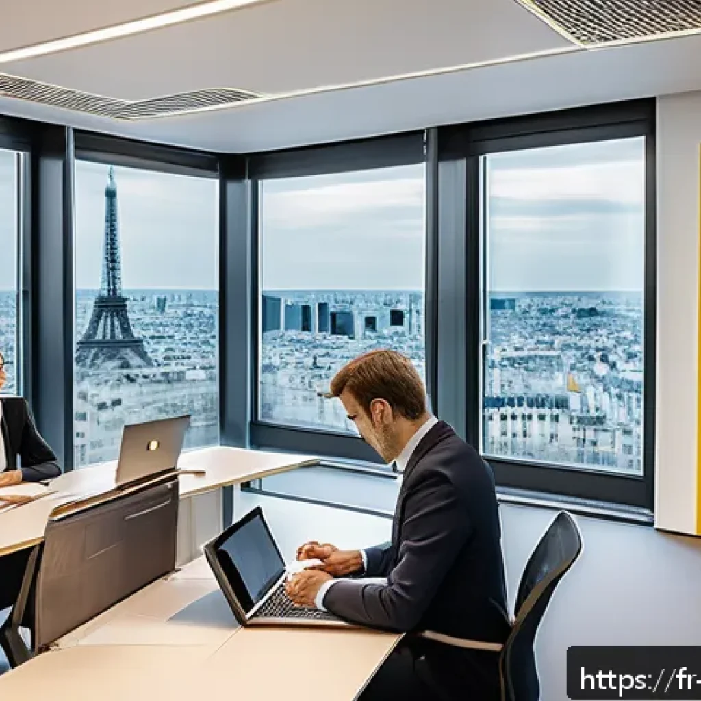 변리사 연봉 평균 - A professional office scene in a large Parisian intellectual property law firm, featuring a diverse ...
