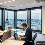 변리사 연봉 평균 - A professional office scene in a large Parisian intellectual property law firm, featuring a diverse ...