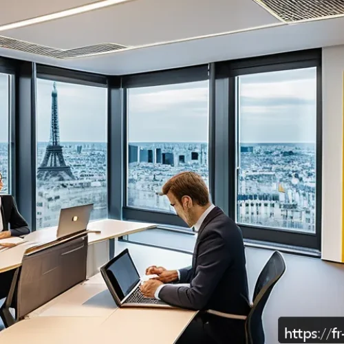 변리사 연봉 평균 - A professional office scene in a large Parisian intellectual property law firm, featuring a diverse ...