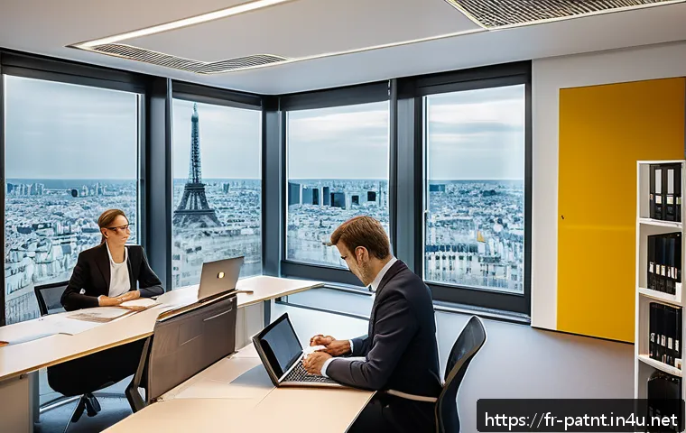 변리사 연봉 평균 - A professional office scene in a large Parisian intellectual property law firm, featuring a diverse ...