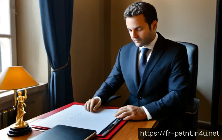 Home 17 변리사 경력 관리 팁 - Photorealistic French patent attorney in a bright Paris-style law office, carefully organizing a lon...