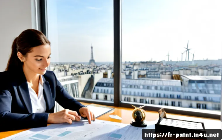 변리사와 에너지 특허 동향 - Photorealistic French patent attorney in a modern Paris office reviewing clean-energy invention docu...