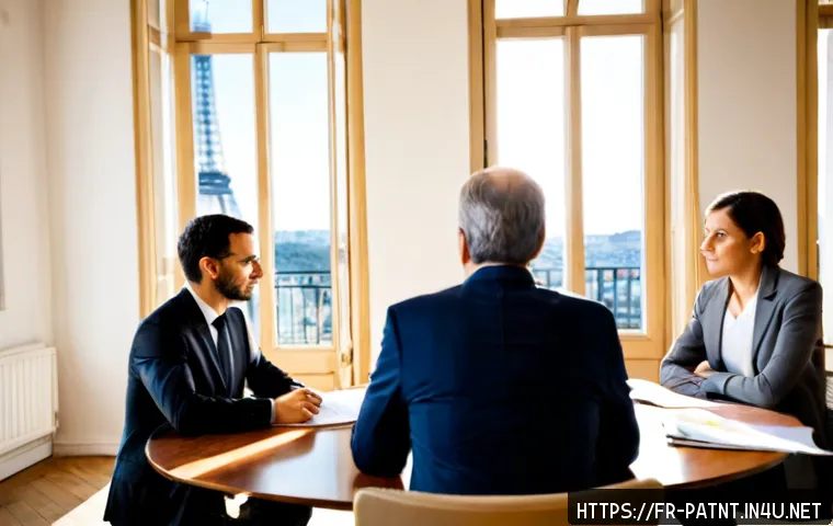 Home 17 변리사로서의 리더십 개발 - Photorealistic French patent attorney leading a focused strategy meeting in a bright Paris law offic...